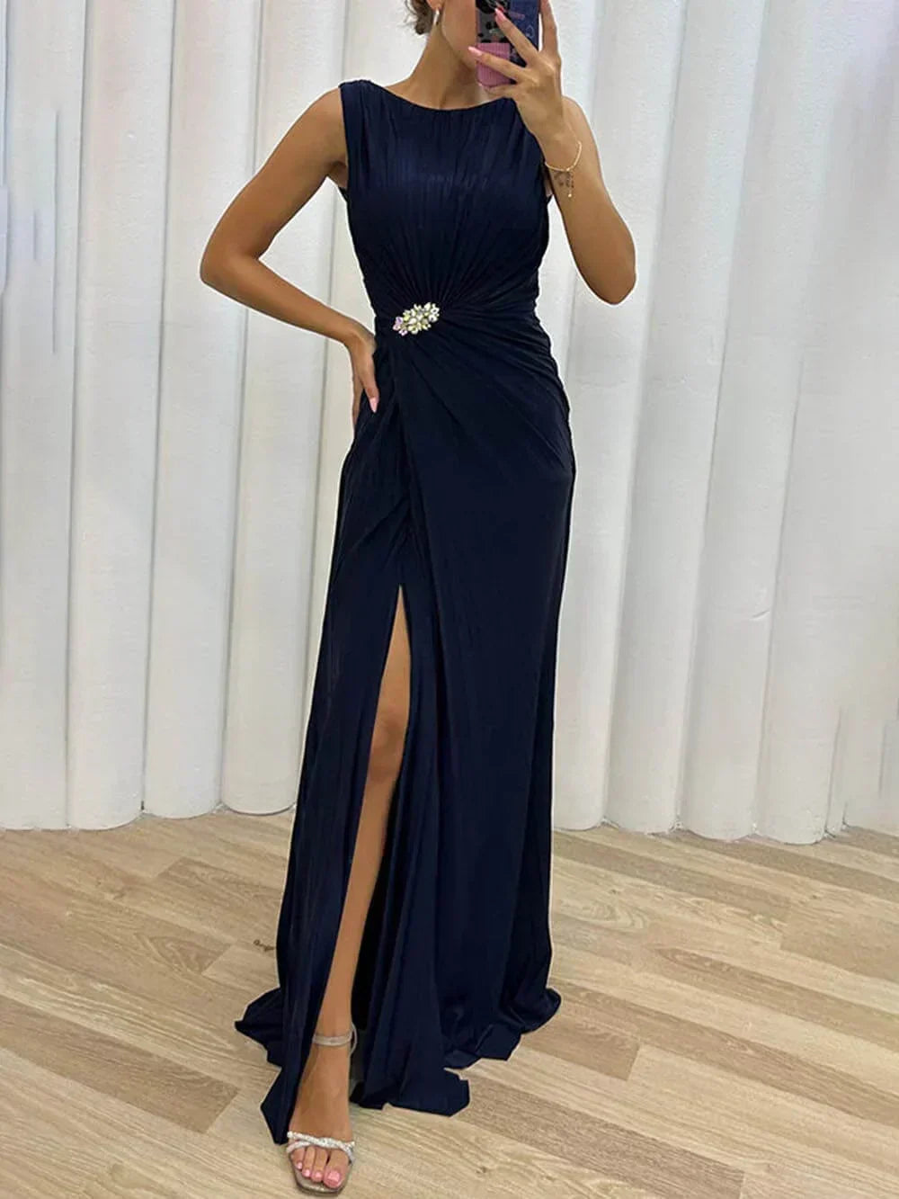 Round Neck Satin Sleeveless Ruched Rhinestone High Slit Maxi Gown