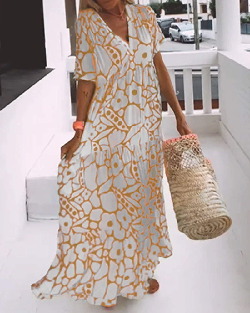 Yoselin Boutique Loose Fitting V Neck Dress with Print Chic Silhouette Collection