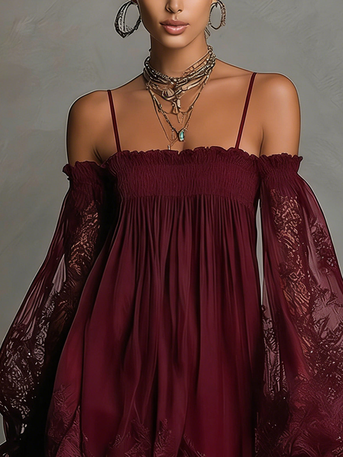 Navy Blue Off-Shoulder Smocked Lace Trim Sheer Sleeve Babydoll Mini Dress 11