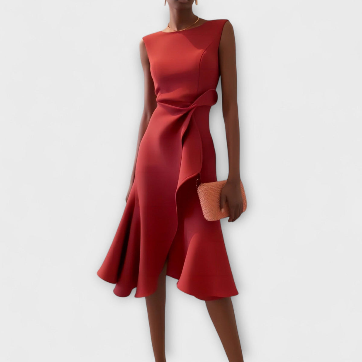 Boat Neck Sleeveless Twist Waist Ruffle Asymmetric Bodycon Midi Dress