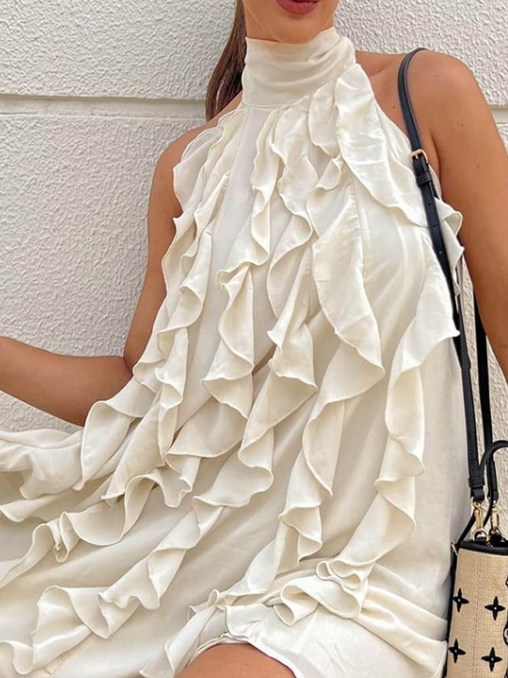 High Neck Cascade Ruffle Satin Sleeveless Swing Mini Dress 2