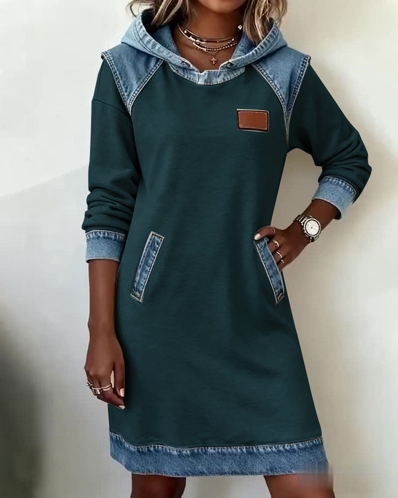 Hooded Long Sleeve Denim Contrast Panel Pocket Sweatshirt Mini Dress