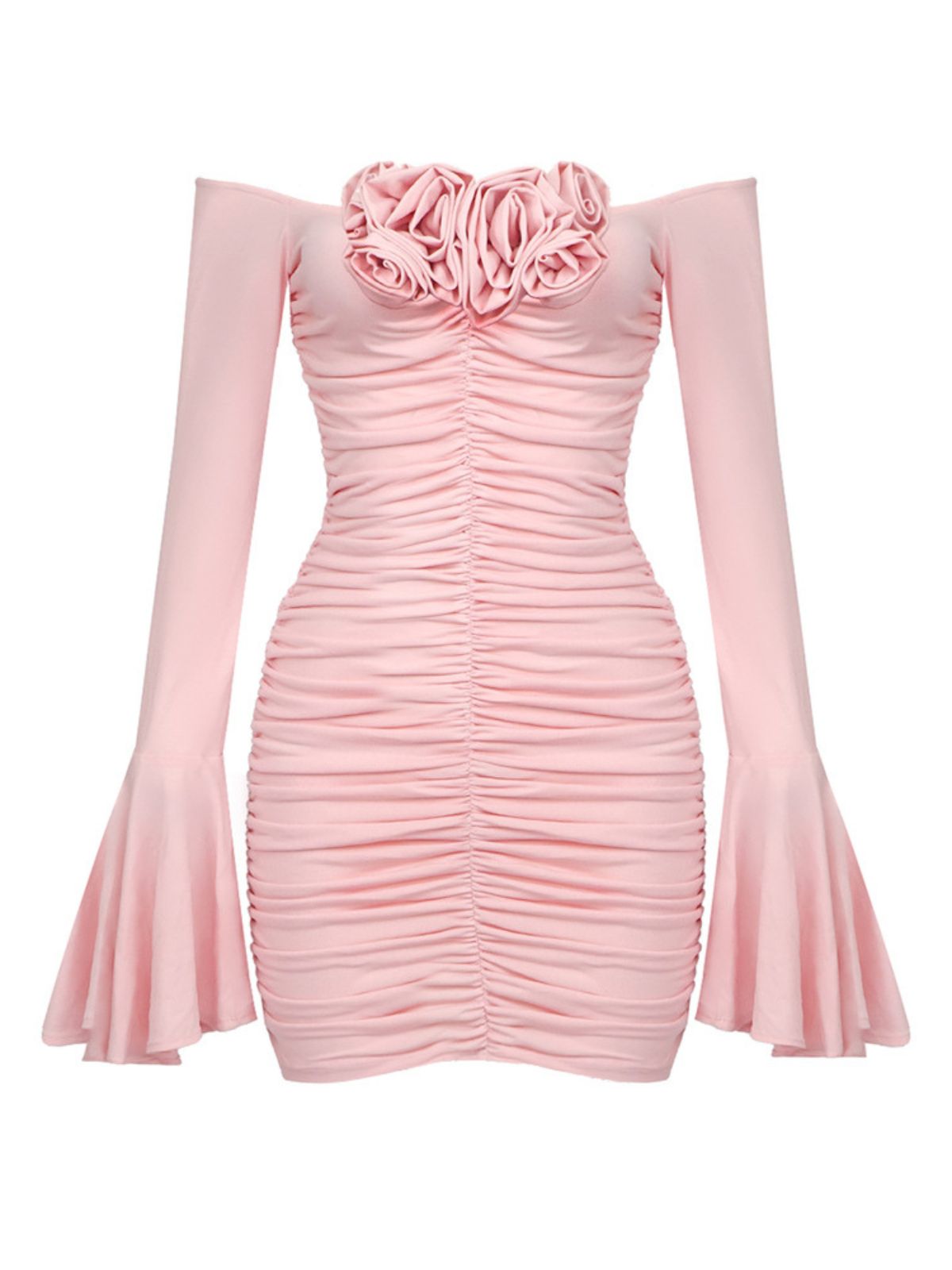 Off-Shoulder Rosette Flower Ruched Flare Sleeve Bodycon Mini Dress