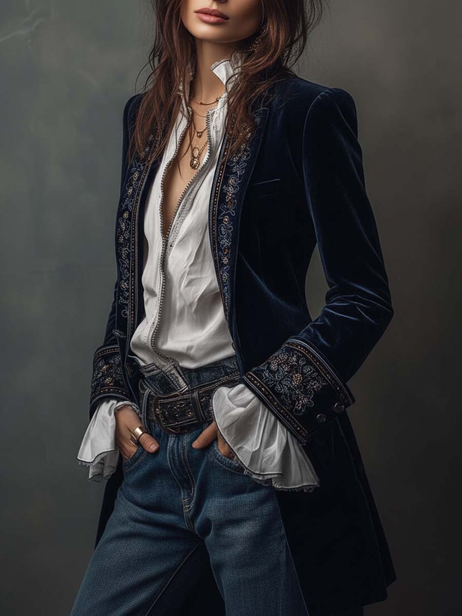 Stand Collar Embroidered Beaded Velvet Longline Blazer 3