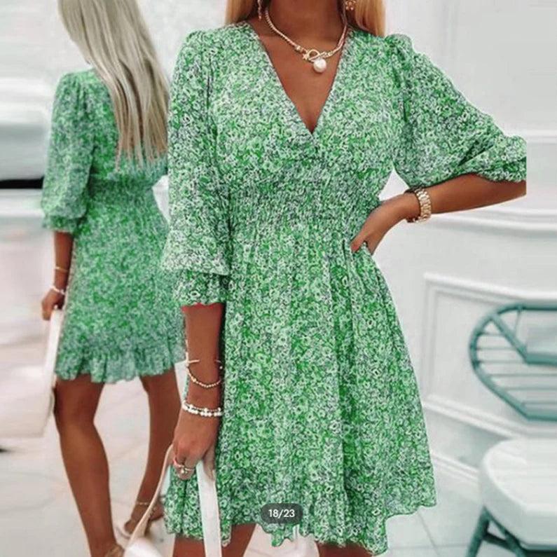 V-Neck Floral Flutter Sleeve Smocked Waist Ruffle Hem Mini Dress