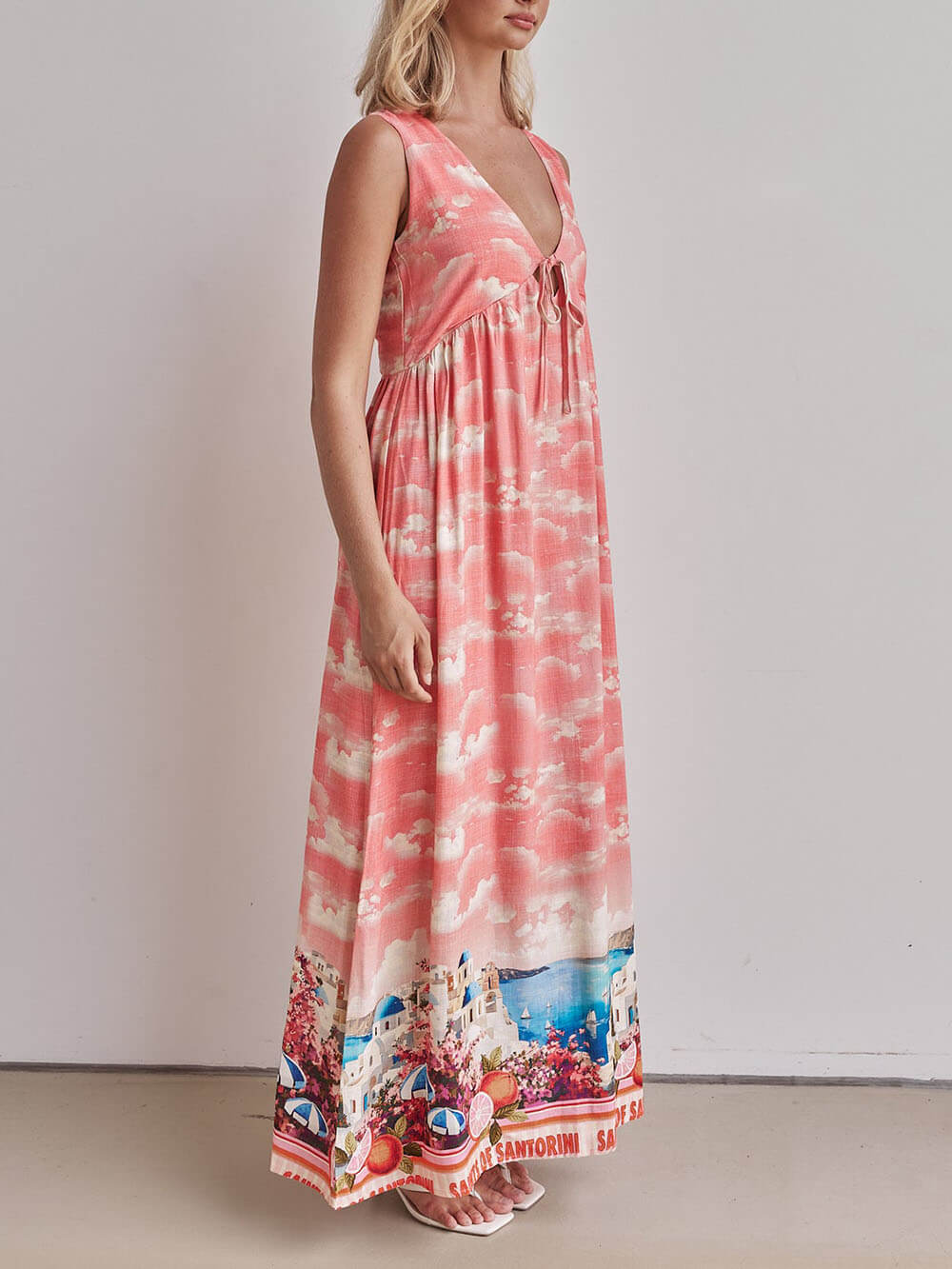 Unique Ink Print V Neck Lace Up Loose Fitting A Line Maxi Dress