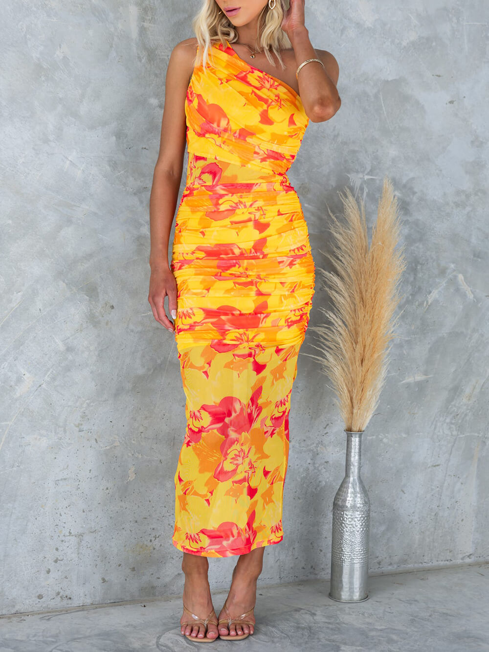 Mesh Overlay Printed One Graceful Shoulder Ruched Stretch Maxi Dress