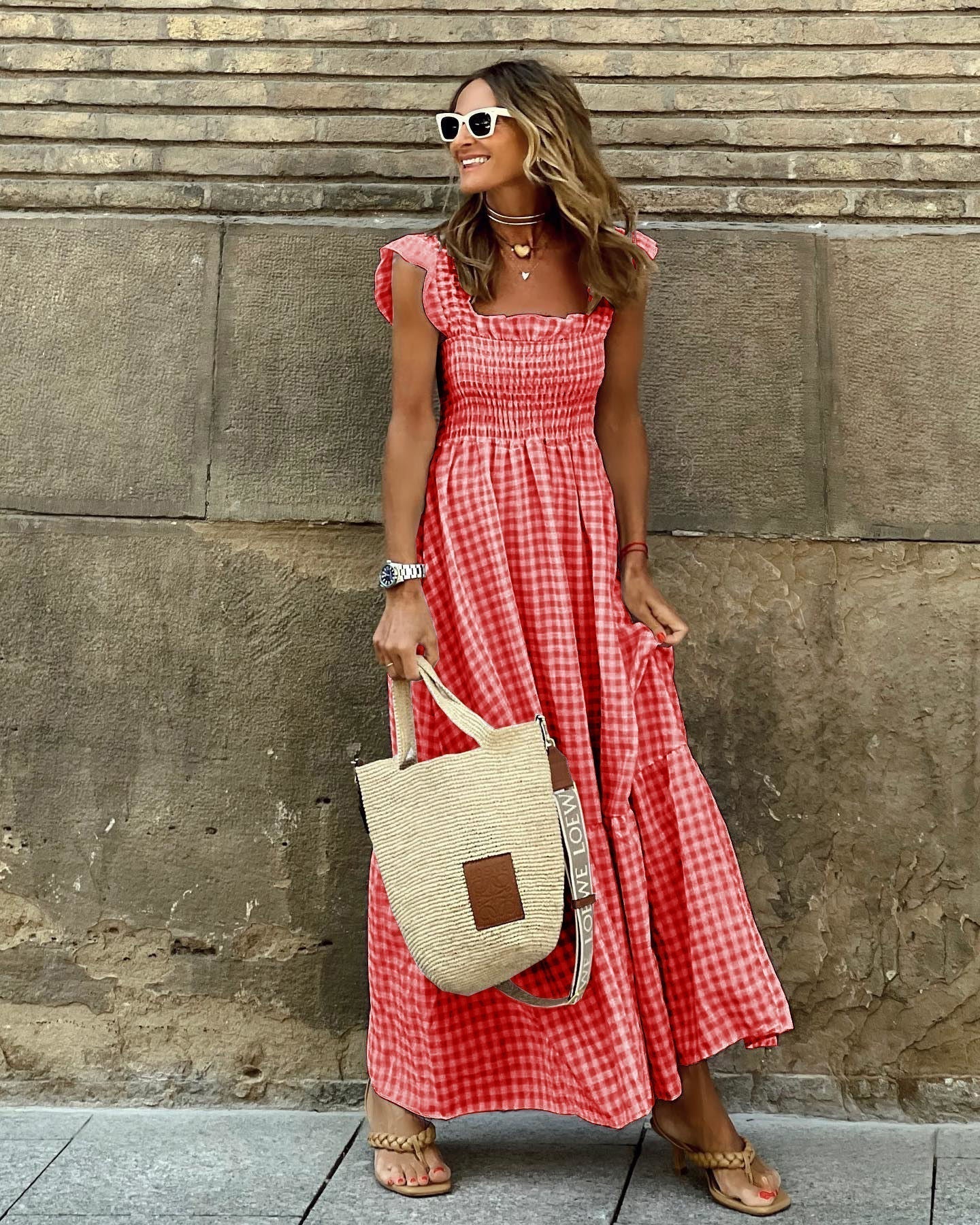 Plaid Ruffled Sleeve Smocked Maxi Dress