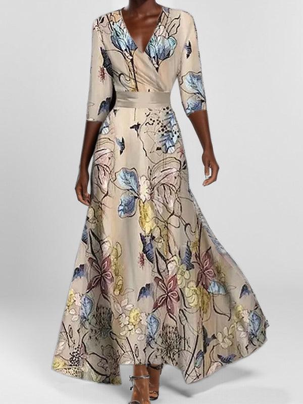V-Neck Half Sleeve Floral Print A-Line Maxi Dress 5