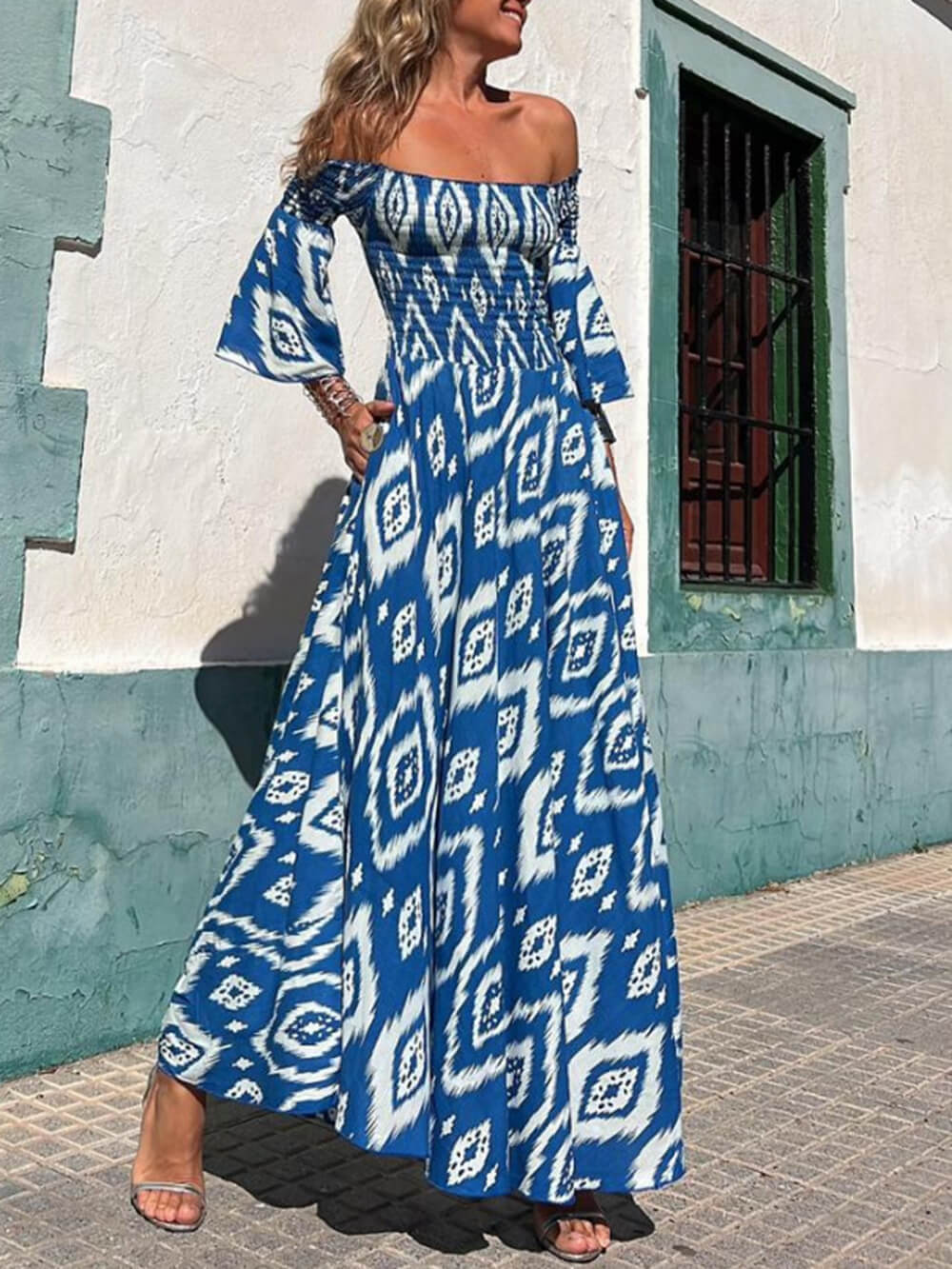 Vacation Ethnic Print Smocked Graceful Off Shoulder Pocketed Maxi Dress Blue / S Dresses