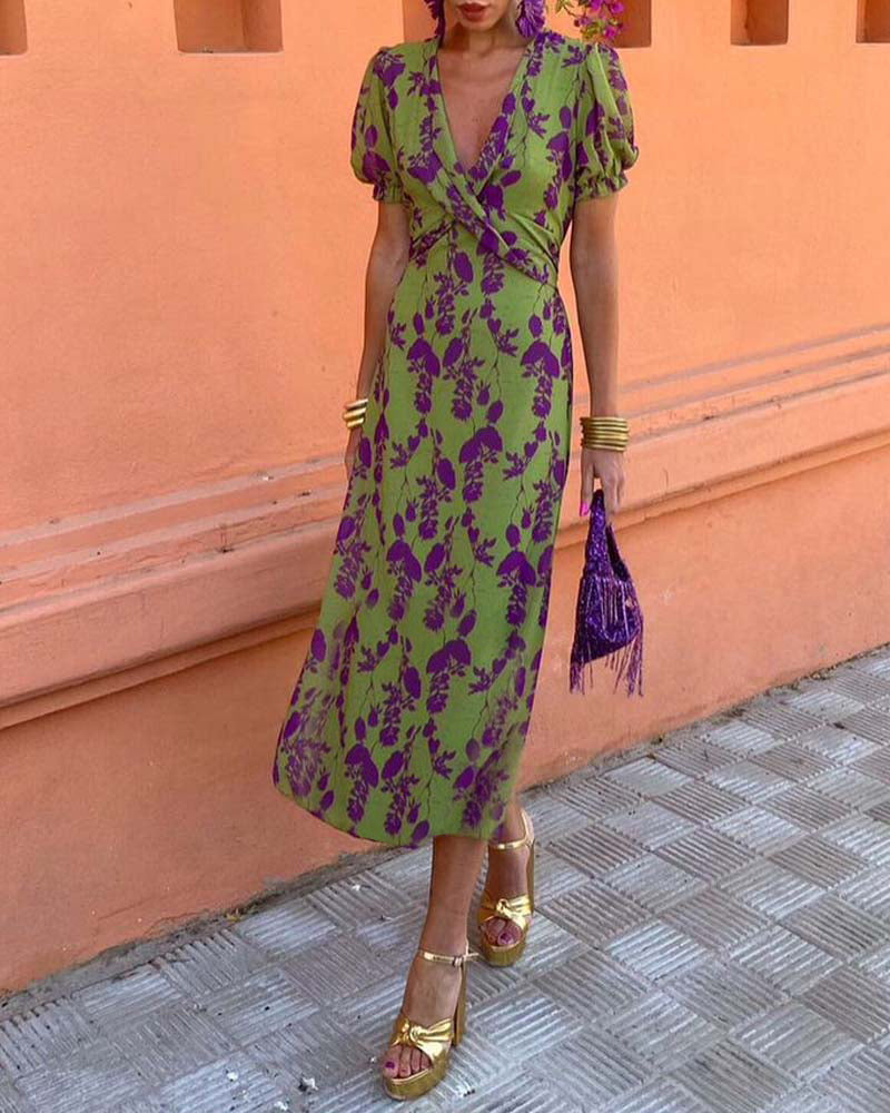 Deep V-Neck Twist Front Floral Print Puff Sleeve Bodycon Midi Dress