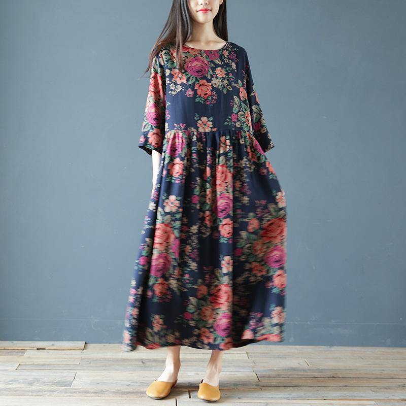 O Neck Cotton Linen Robes Work Outfits Navy Prints Dress