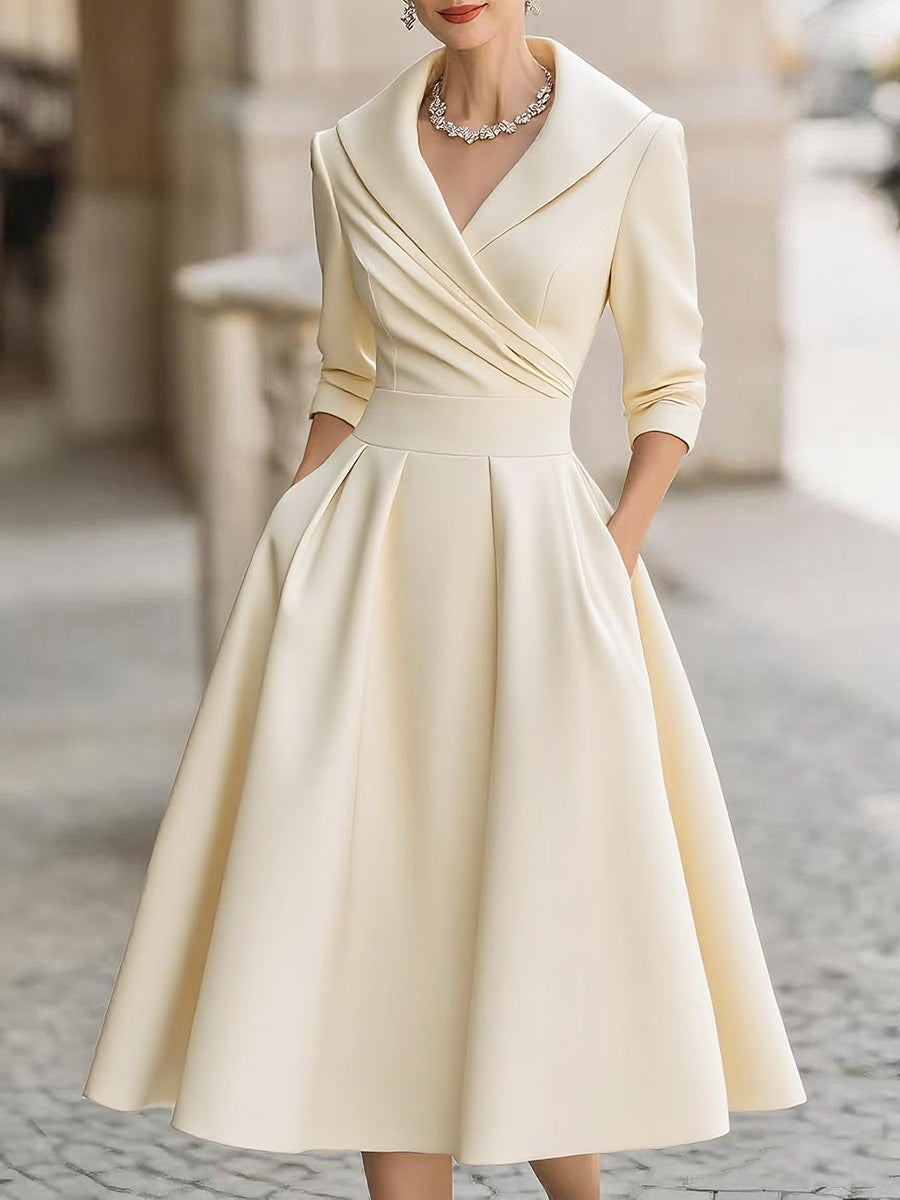 Shawl Collar Surplice Satin Pleated A-Line Midi Dress 4