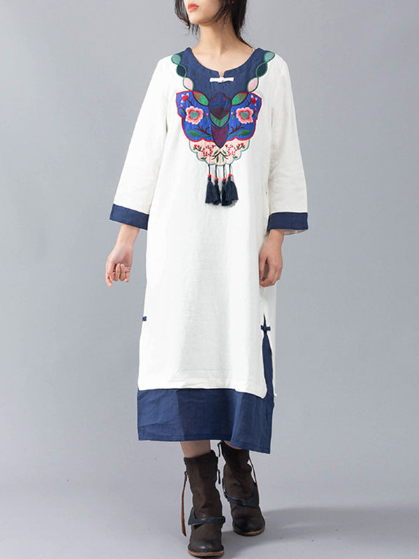 White Round Neck Floral Embroidered Tassel Contrast Trim Linen Midi Dress