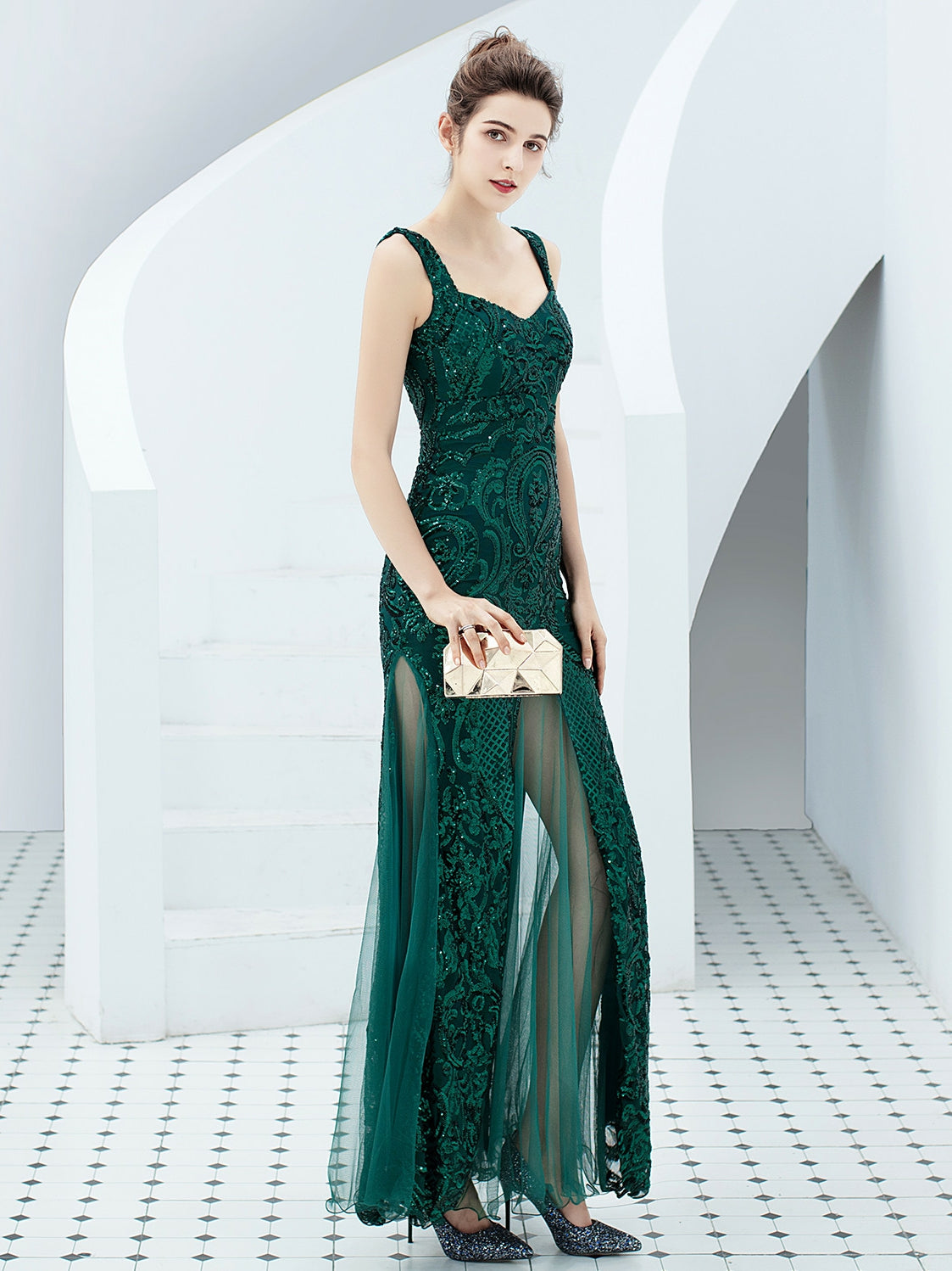 Sequin suspender long evening dress