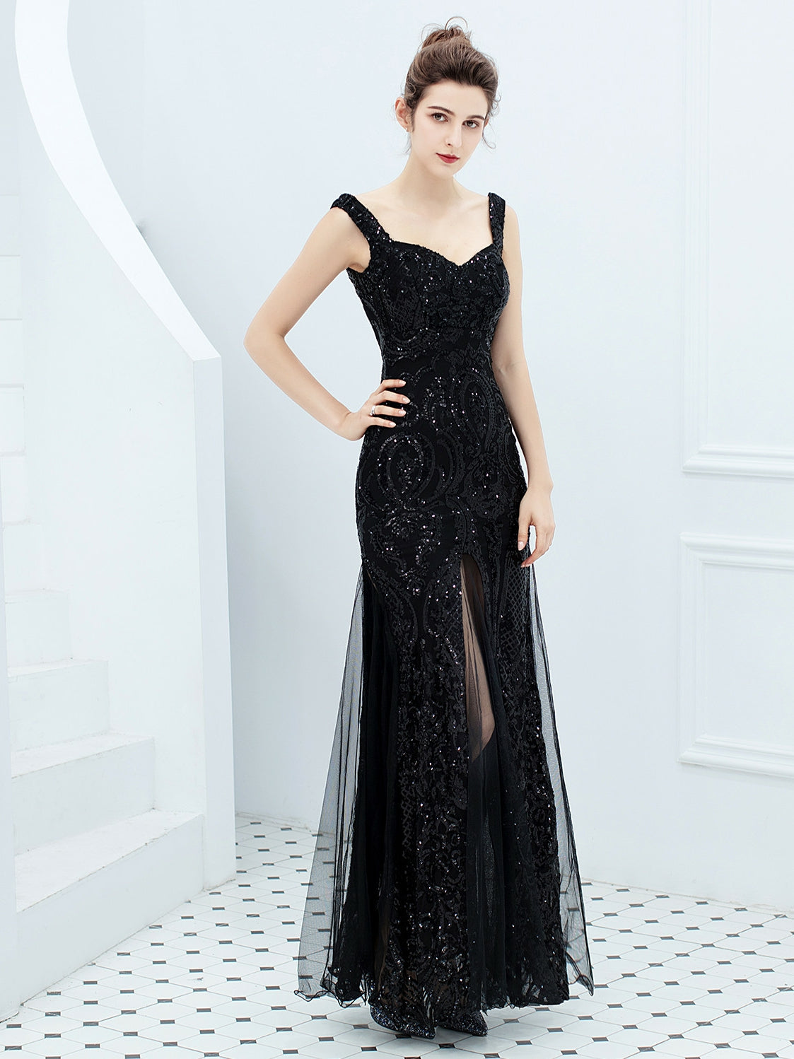 Sequin suspender long evening dress