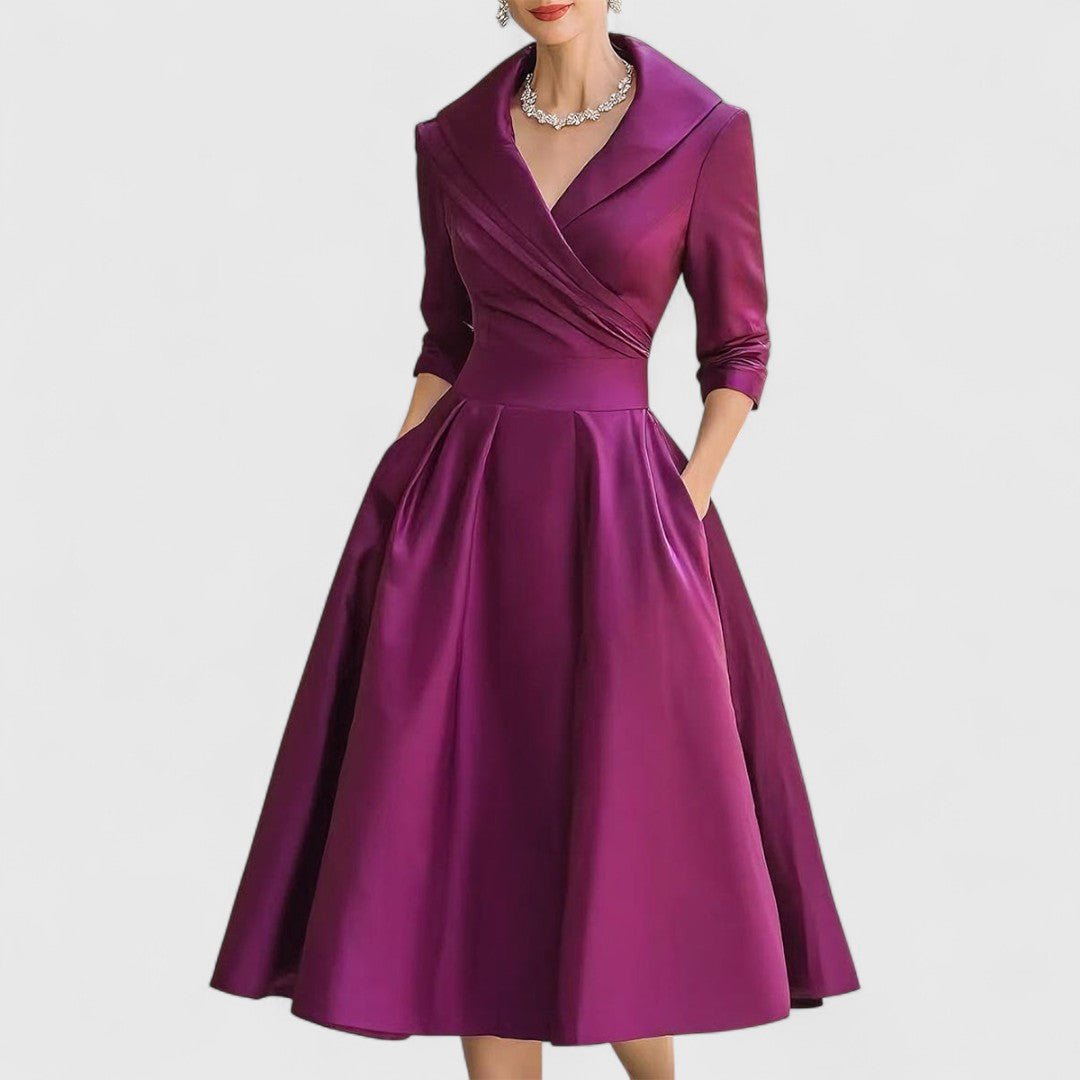 Shawl Collar Surplice V-Neck Satin Pleated A-Line Midi Dress