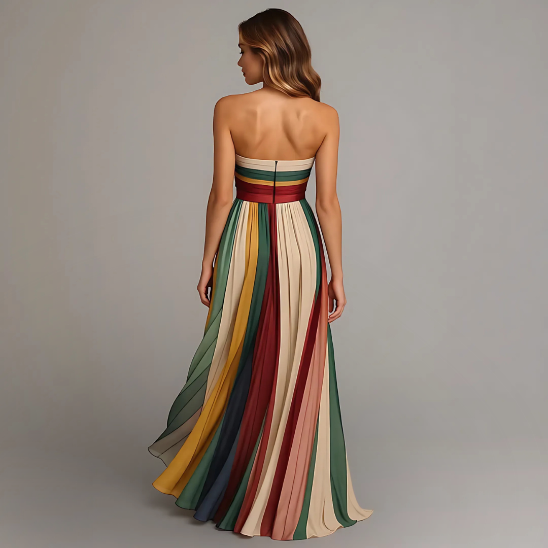 Multicolor Strapless Striped Pleated Chiffon Flowy Maxi Gown 4
