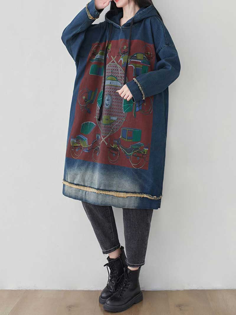 Hooded Graphic Print Frayed Hem Oversized Sweatshirt Midi Dress