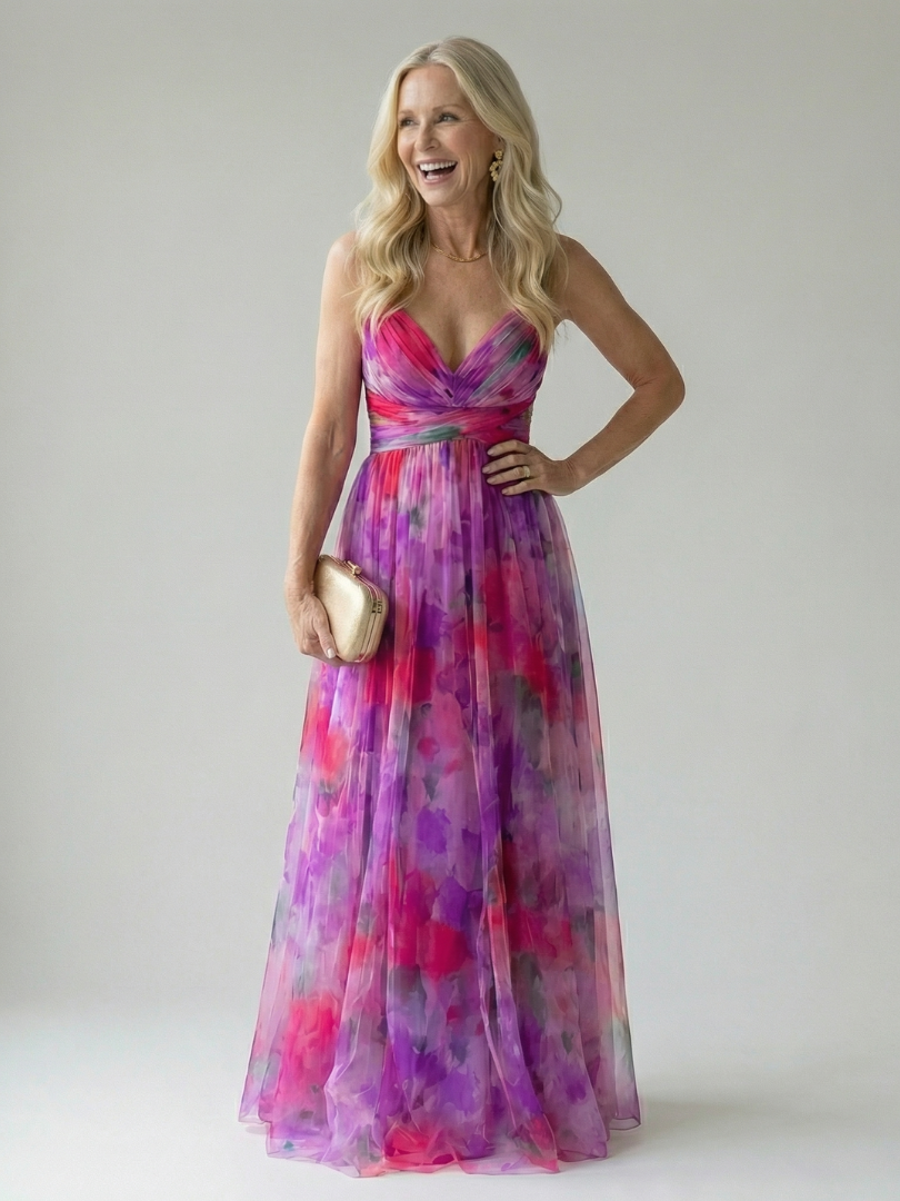 Spaghetti Strap V-Neck Floral Print Pleated Tulle Maxi Gown 8