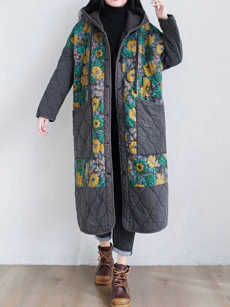 Hooded Floral Patchwork Quilted Longline Coat