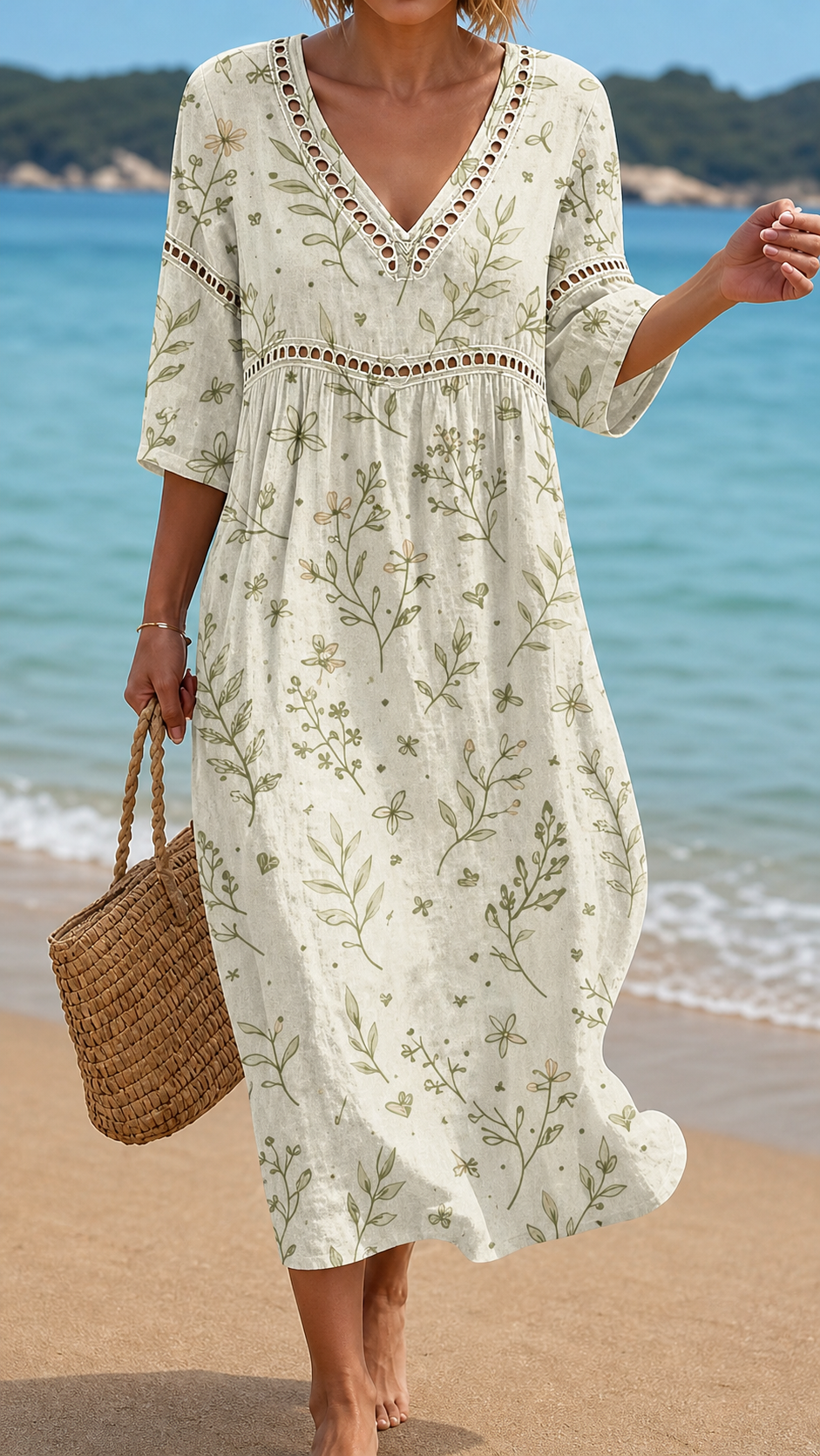 V-Neck Crochet Trim Botanical Floral Print Half Sleeve Shift Maxi Dress