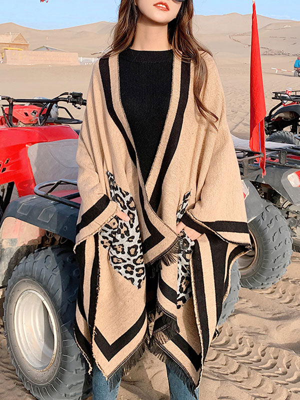 Leopard Pocket Fringe Trim Open Front Shawl Cape 4