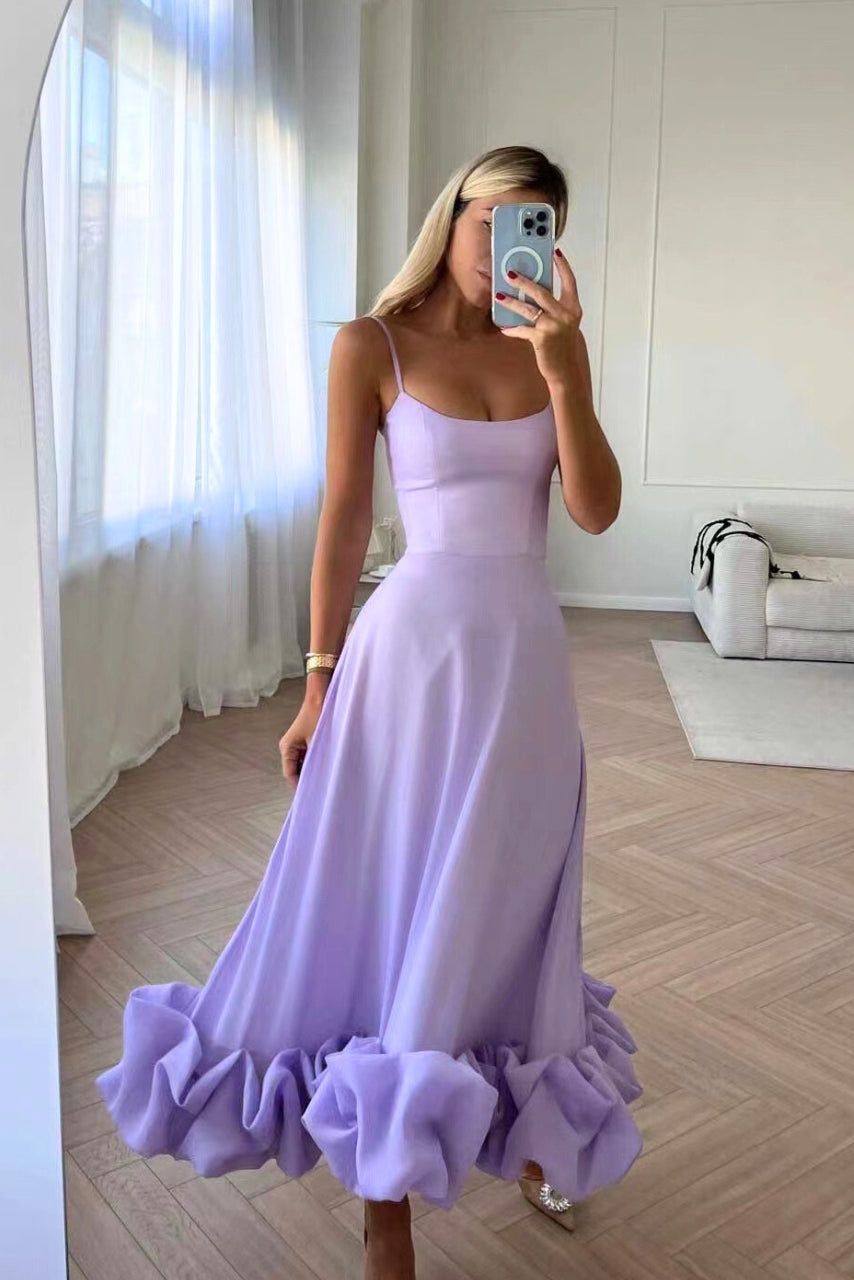 Square Neck Spaghetti Strap Ruffle Hem A-Line Midi Dress