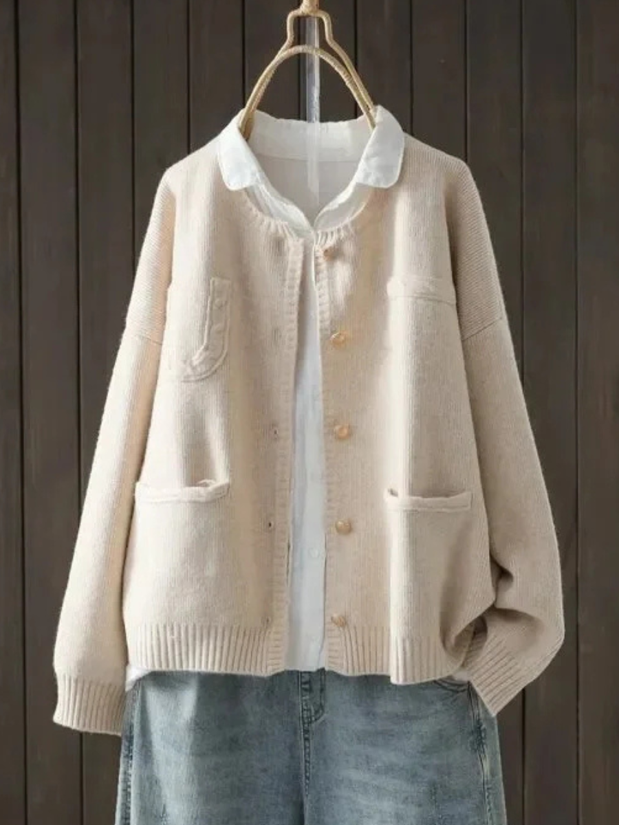 Round Neck Button Front Patch Pocket Long Sleeve Knit Cardigan