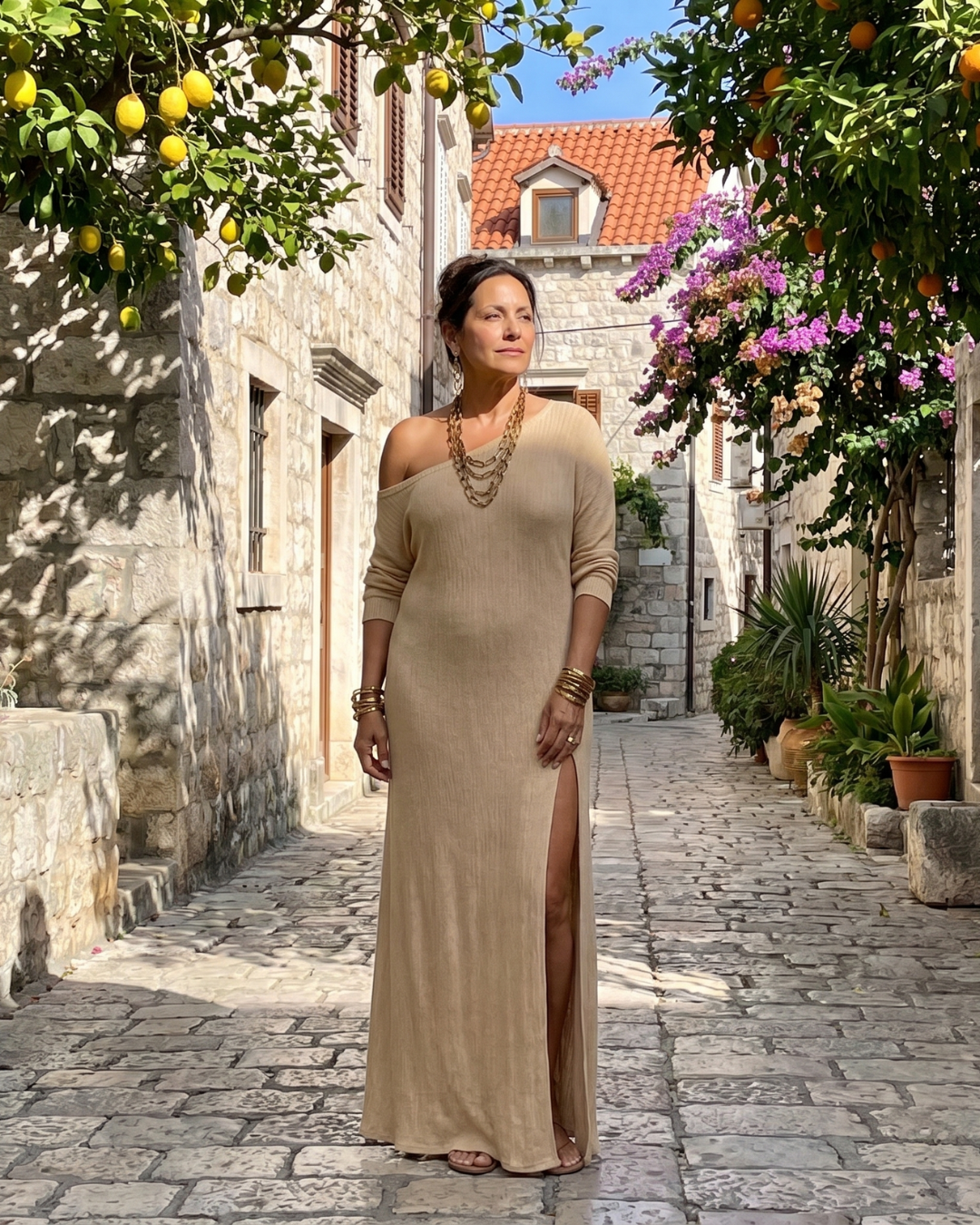 One-Shoulder Long Sleeve Jersey High Slit Relaxed Maxi Dress