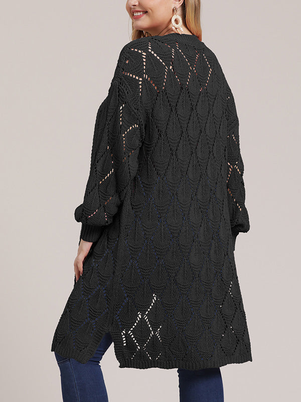 Open Front Pointelle Knit Long Sleeve Longline Cardigan