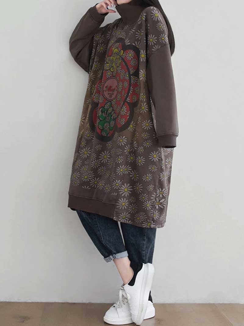 Turtleneck Floral Daisy Print Medallion Oversized Sweatshirt Midi Dress