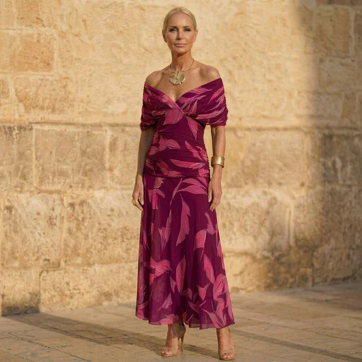 Purple Off-Shoulder Twist Front Ruched Leaf Print A-Line Maxi Dress