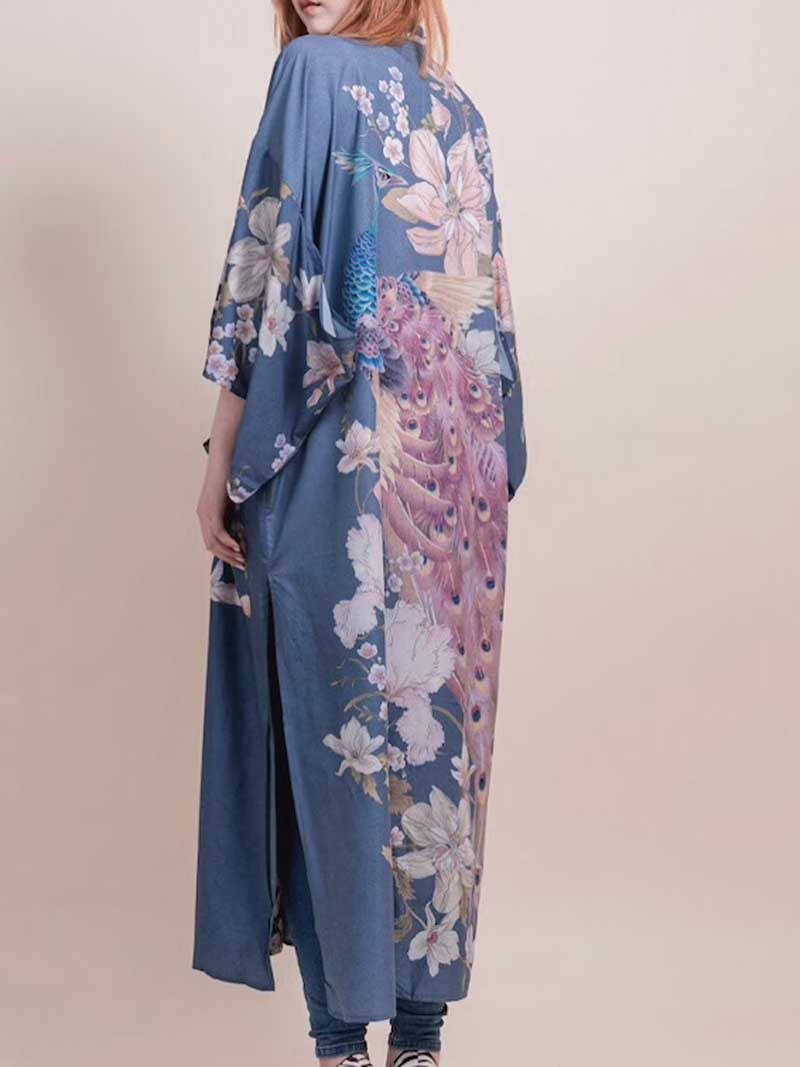 Grey Floral Print Belted Long Length Kimono Robe