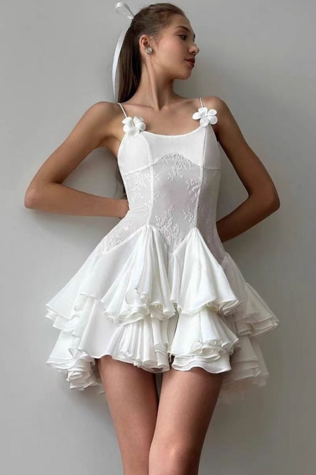Ganili Spaghetti Sheer Charming Ruffle Mini Dress