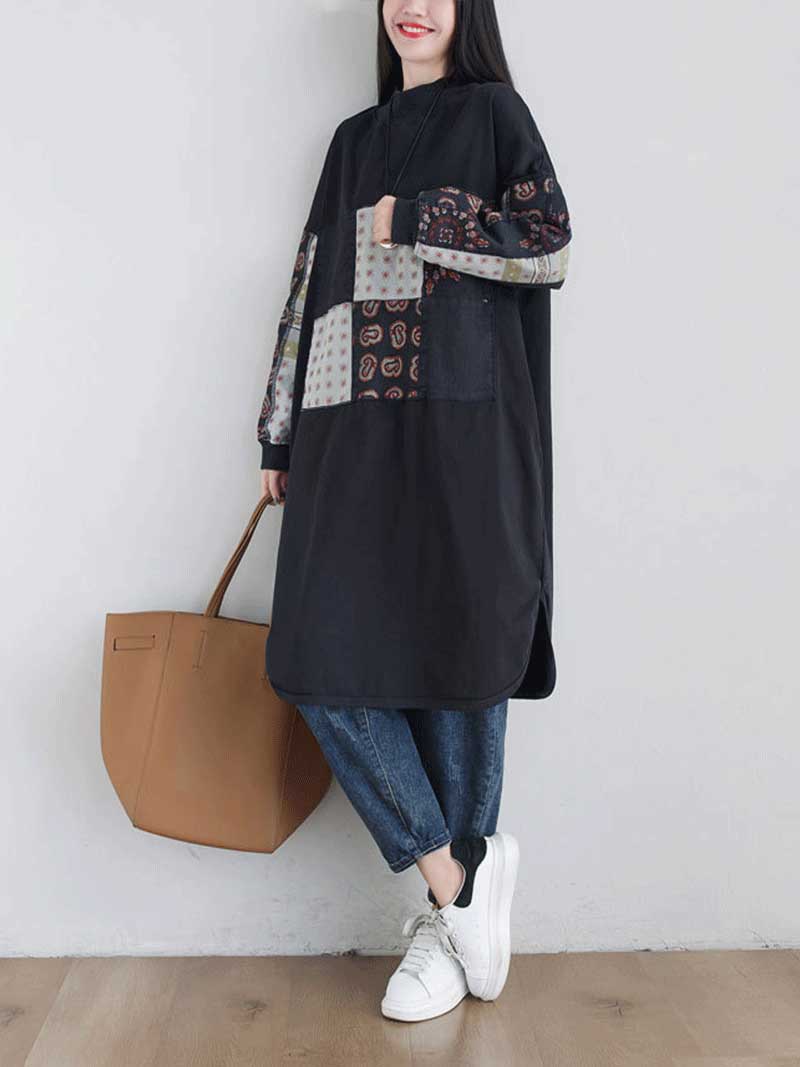 Mock Neck Patchwork Print Long Sleeve Loose Midi Dress