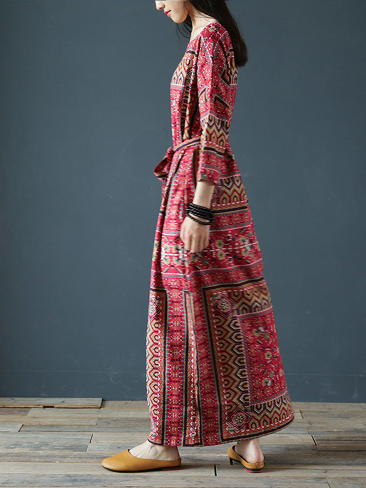 Red Round Neck Ethnic Print Tie Waist Loose Kaftan Maxi Dress