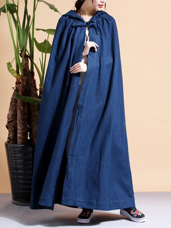Hooded Open Front Linen Long Cape Coat