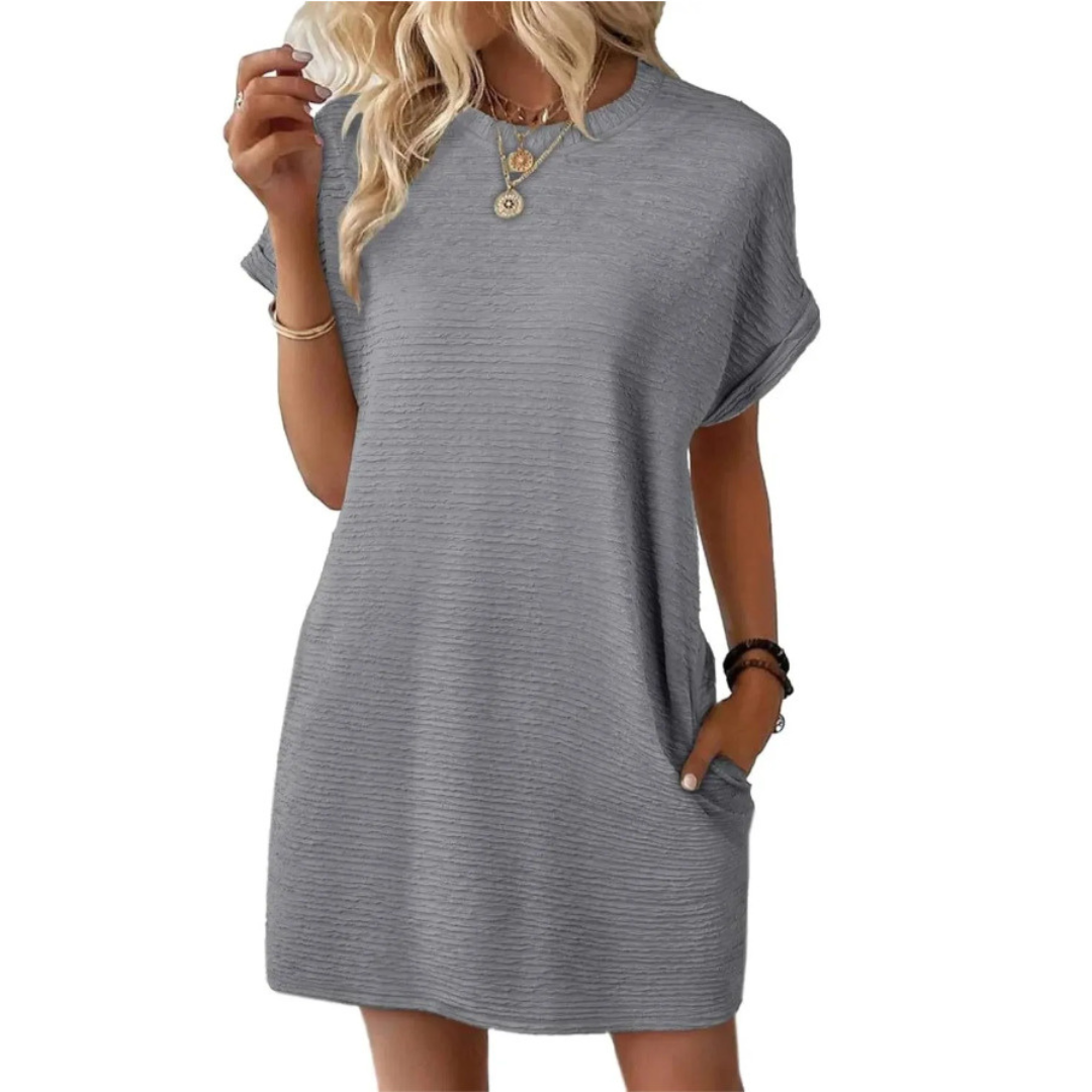 Round Neck Textured Cuffed Sleeve Pocket Shift Mini Dress