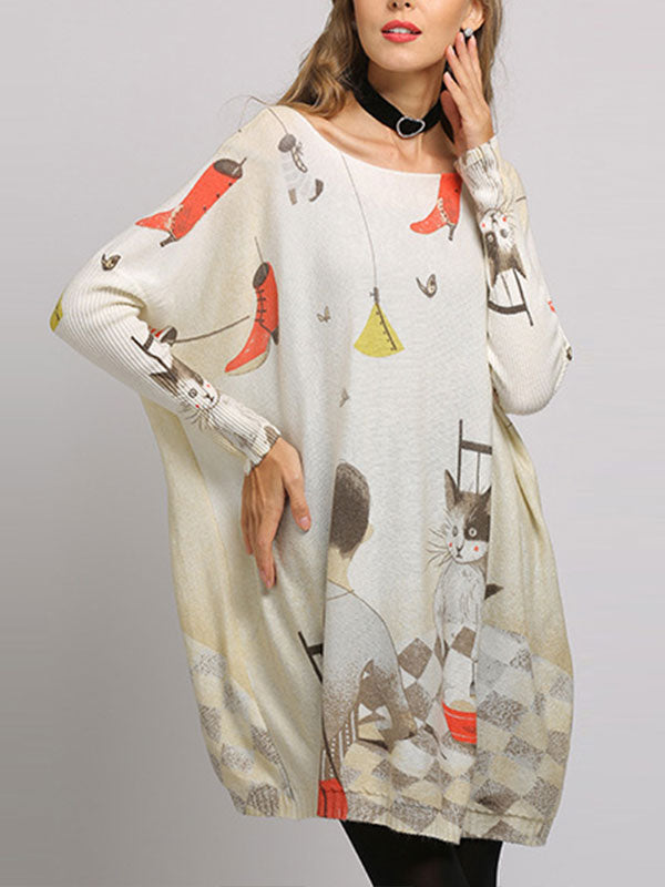 Boat Neck Cat Print Long Sleeve Knit Sweater Tunic