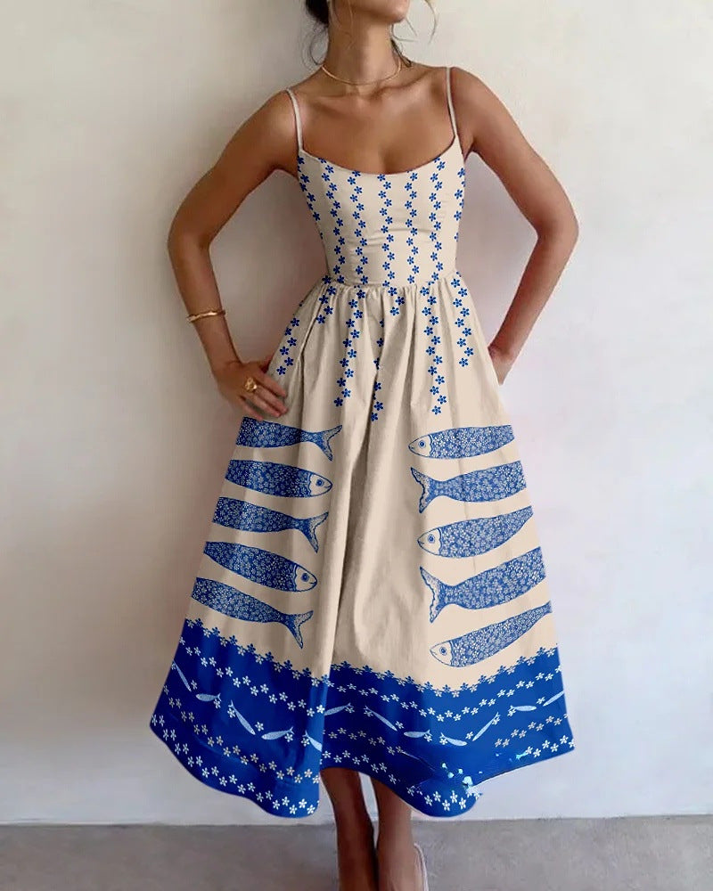 Spaghetti Strap Scoop Neck Fish Print Floral Border Flared Midi Dress