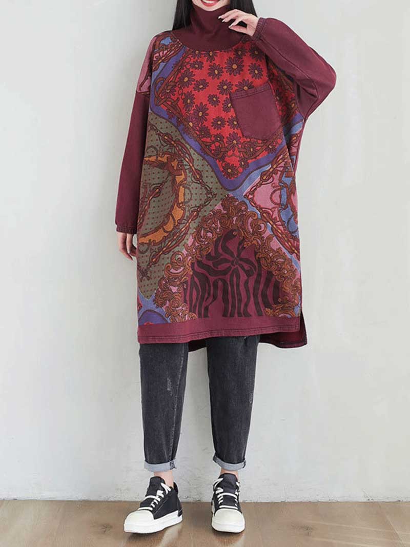Round Neck Mixed Print Plaid Panel Long Sleeve Shift Midi Dress 14