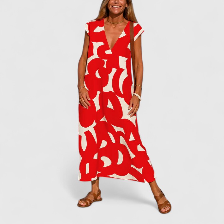 V-Neck Geometric Print Cap Sleeve Relaxed A-Line Midi Dress