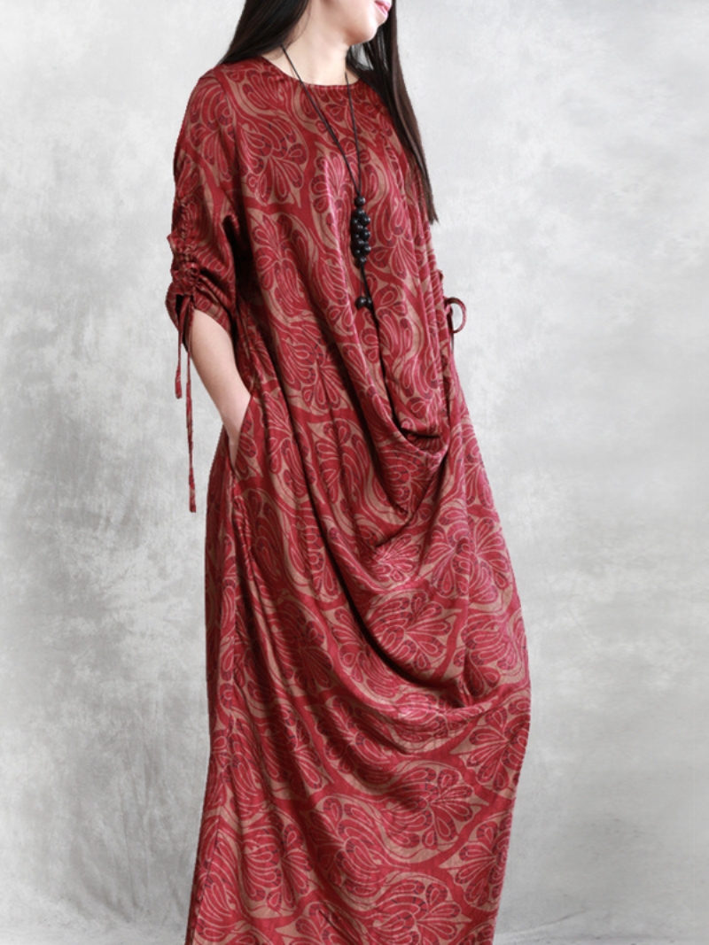 Red/coffee Round Neck Floral Print Drawstring Sleeve Draped Loose Maxi Dress 2
