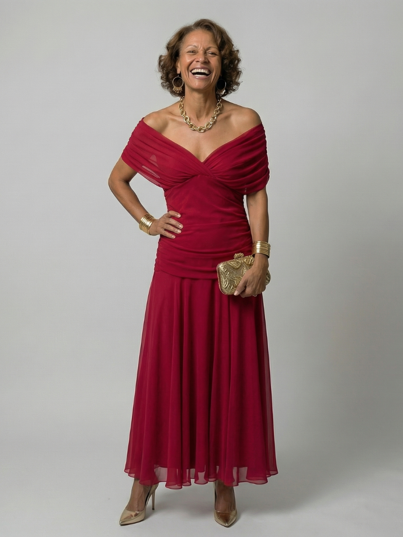 Off-Shoulder Draped Floral Chiffon Ruched A-Line Maxi Dress 9