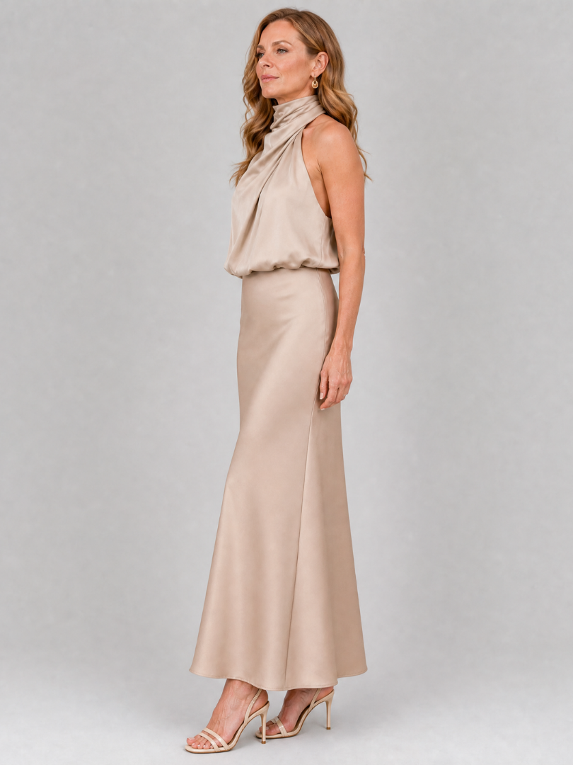 Halter Neck Twist Front Blouson Satin Column Maxi Dress 13