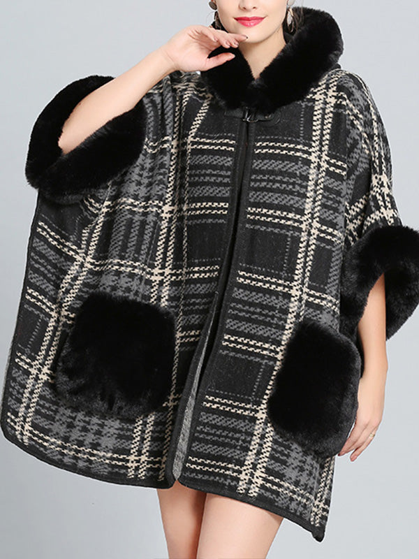 Hooded Faux Fur Trim Plaid Pocket Cape Cardigan