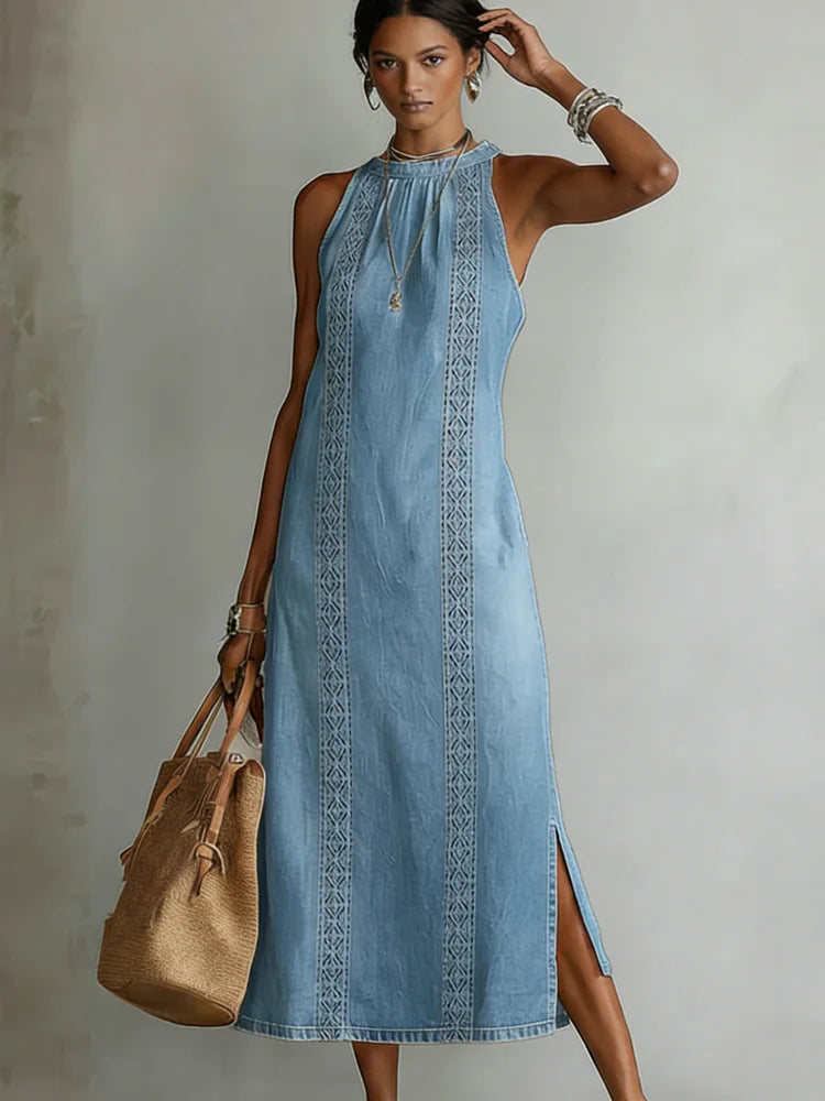 Halter Neck Sleeveless Denim Embroidered Trim Side Slit Shift Maxi Dress