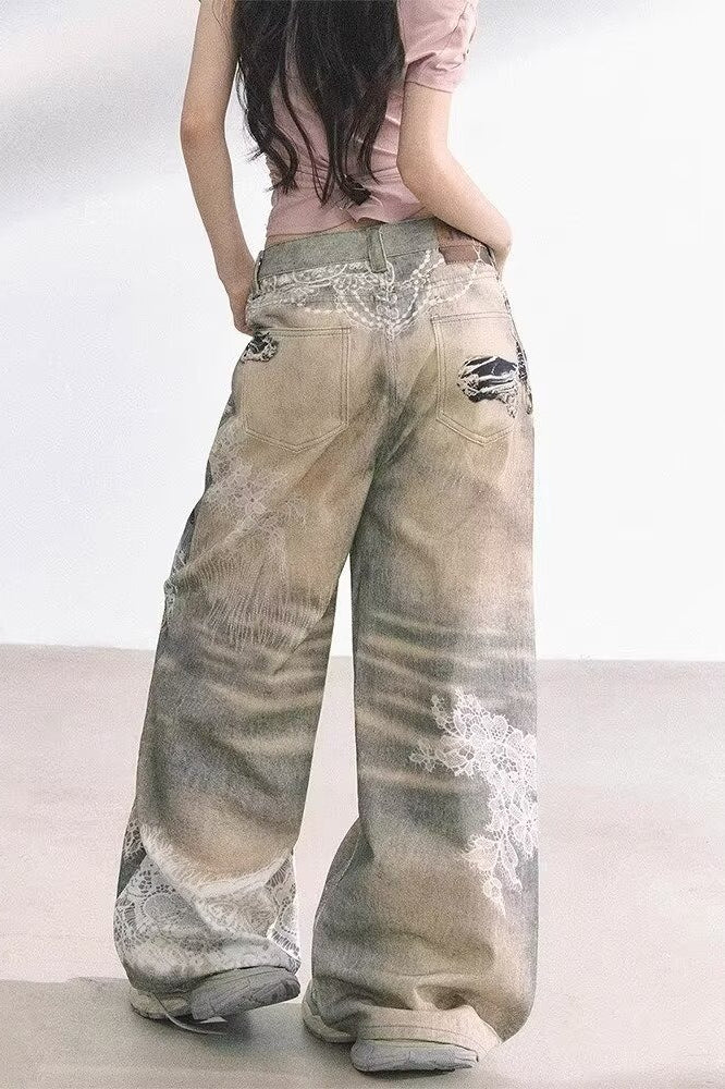 Lace Panel Wide Leg Denim Jeans