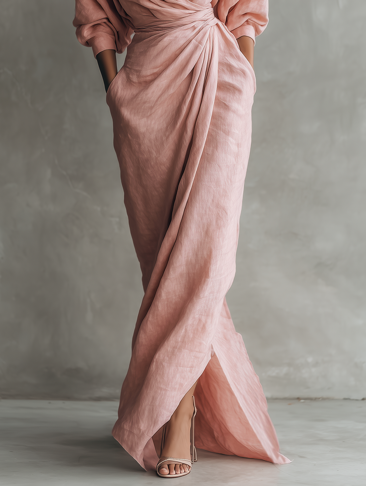Deep V-Neck Batwing Sleeve Twist Front Draped Linen Maxi Dress 7